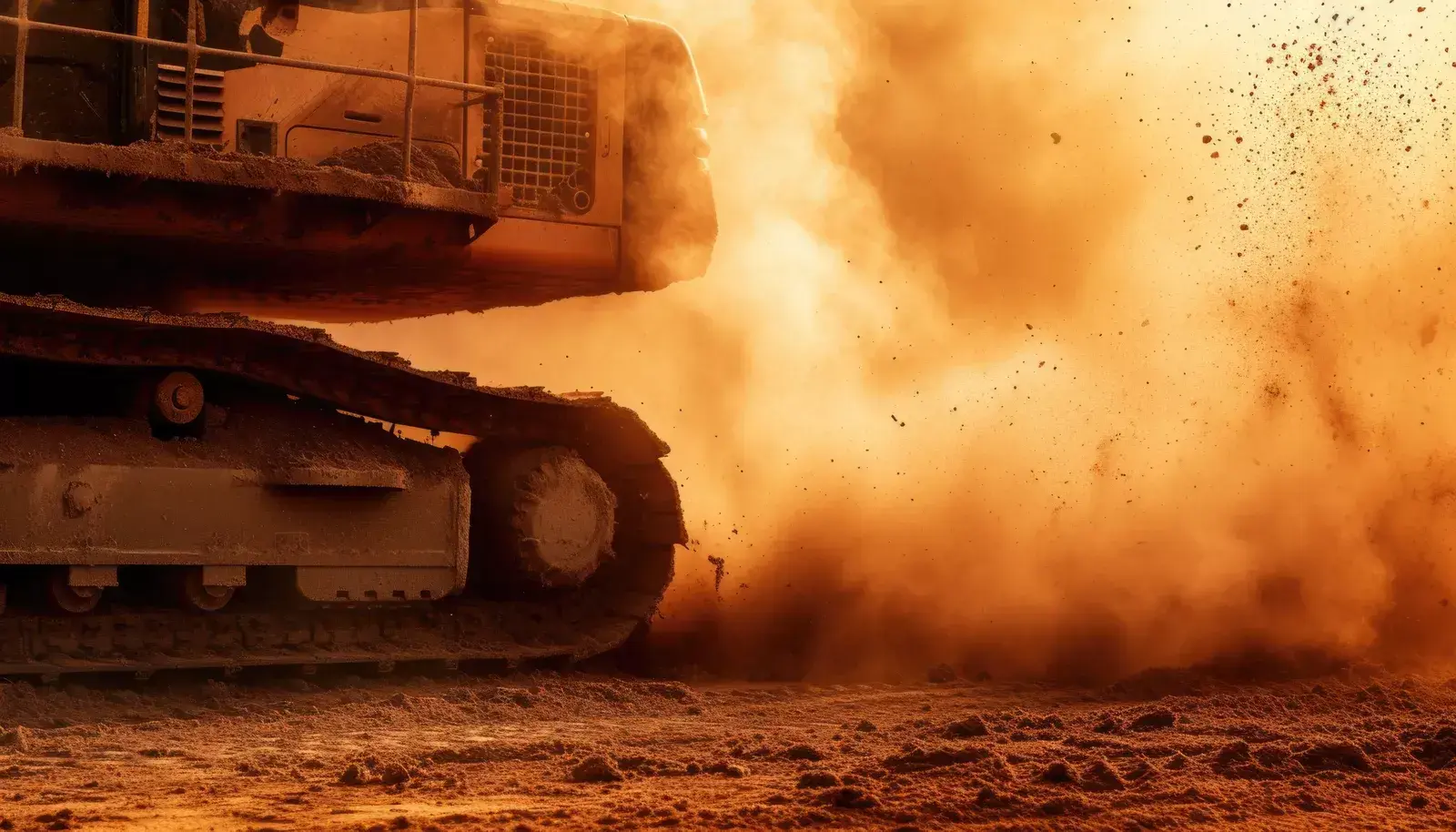 Heavy machinery generating large dust cloud at mining or quarry site
